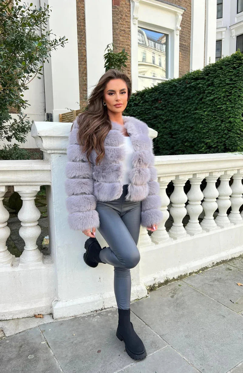 Damska pluszowa kurtka ze sztucznego futra – krótki, miękki w dotyku płaszcz zimowy